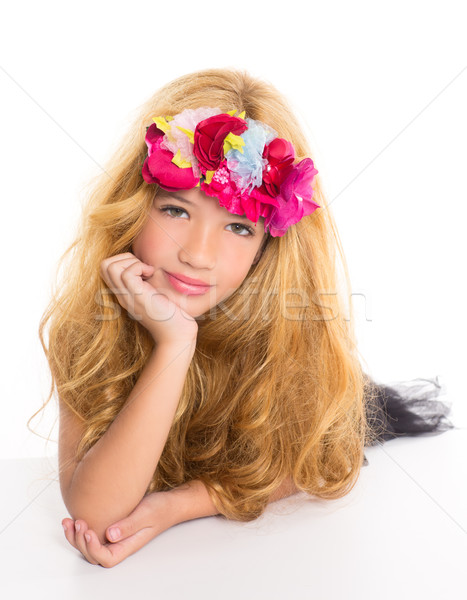 Foto stock: Crianças · moda · loiro · menina · flores · da · primavera · cabeça