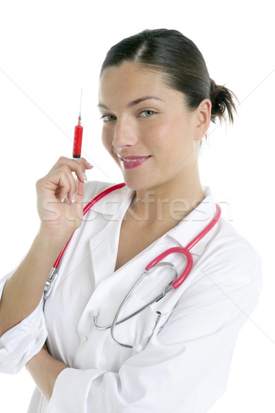 Stock photo: Beautiful woman doctor with red syringe