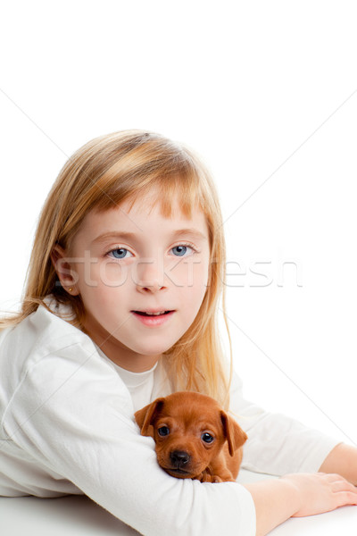 blond kid girl with mini pinscher pet mascot dog Stock photo © lunamarina