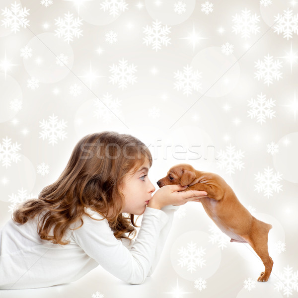 Navidad ninos nina abrazo cachorro perro marrón Foto stock © lunamarina