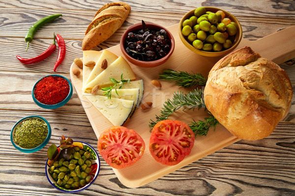 Mediterranean food bread oil olives cheese Stock photo © lunamarina