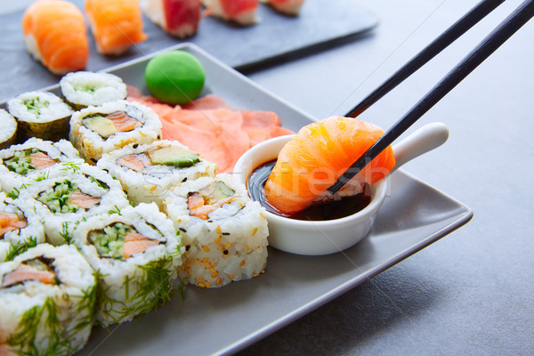 Sushi Maki and Niguiri soy sauce and wasabi Stock photo © lunamarina