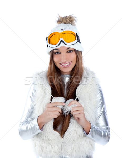asian indian brunette winter girl with snow fur cap Stock photo © lunamarina