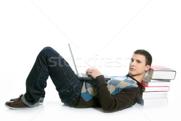 Stock fotó: Diák · fiú · padló · könyvek · számítógép · laptop · számítógép