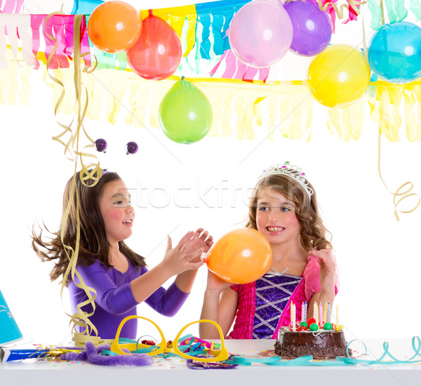 Enfants joyeux anniversaire fête filles ballons gâteau au chocolat [[stock_photo]] © lunamarina