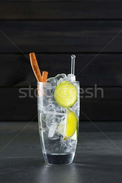 Gin tonic cocktail with lima cinnamon and ice cube on black Stock photo © lunamarina