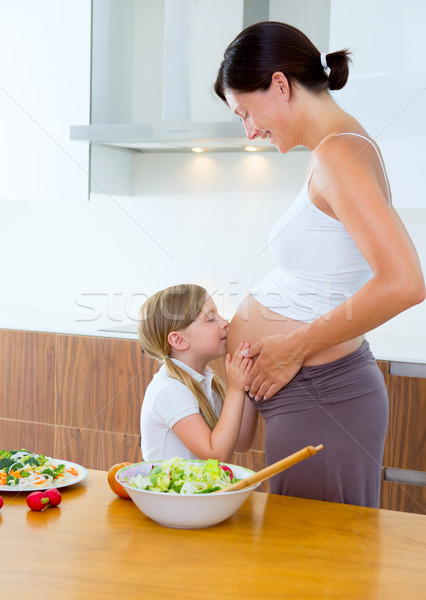 Schönen schwanger Mutter Tochter Küche Küssen Stock foto © lunamarina
