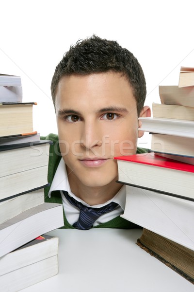 Stock fotó: Fiatal · boldogtalan · diák · egymásra · pakolva · könyvek · házi · feladat
