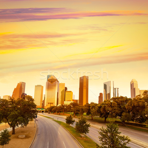 Photo stock: Houston · Skyline · coucher · du · soleil · Texas · USA · ciel