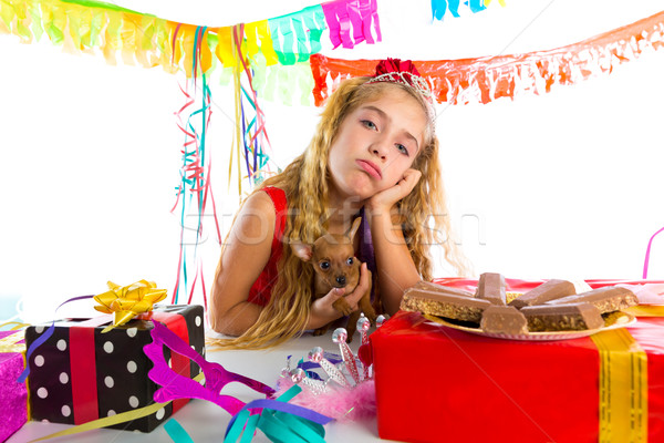 Bored gesture blond kid girl in party with puppy Stock photo © lunamarina