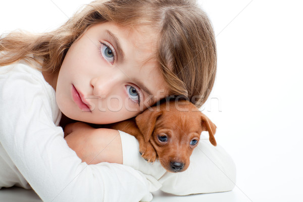 brunette kid girl with mini pinscher pet mascot dog Stock photo © lunamarina
