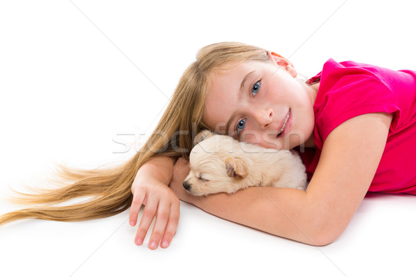 Stok fotoğraf: Sarışın · çocuk · kız · köpek · yavrusu · evcil · hayvan · köpek