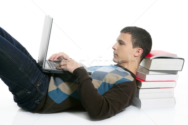 Foto stock: Estudante · menino · piso · livros · computador · computador · portátil