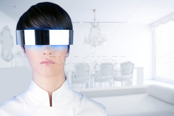 Foto d'archivio: Argento · futuristico · occhiali · donna · moderno · casa · bianca