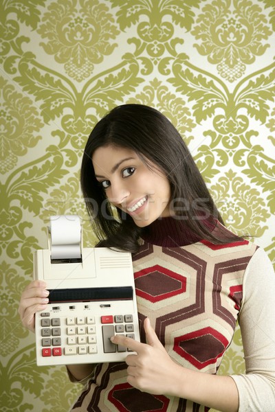 Stockfoto: Retro · boekhouder · vrouw · calculator · behang · vintage