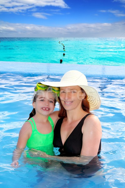 [[stock_photo]]: Mère · fille · hug · piscine · plage · tropicale · Caraïbes