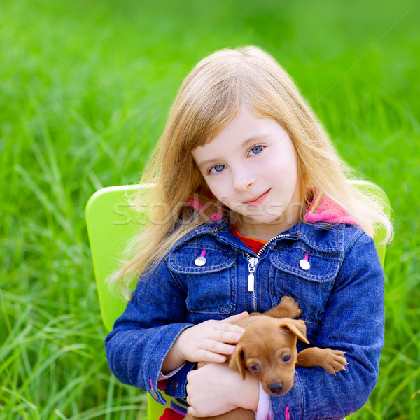 Stockfoto: Blond · kid · meisje · puppy · huisdier · hond