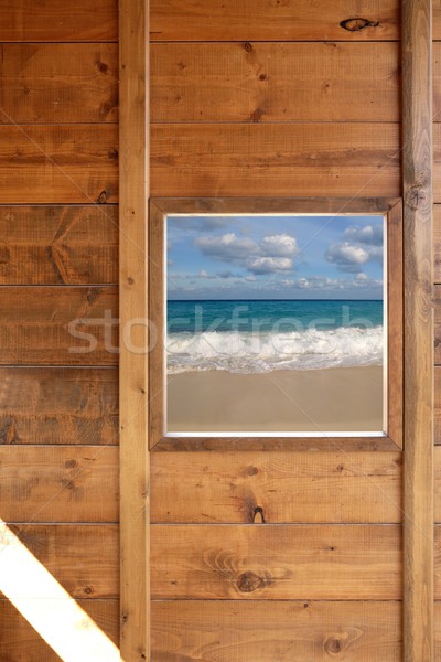 Stockfoto: Venster · zeegezicht · houten · kamer · houten · frame