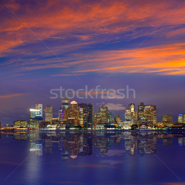 [[stock_photo]]: Boston · Skyline · coucher · du · soleil · rivière · Massachusetts · réflexion