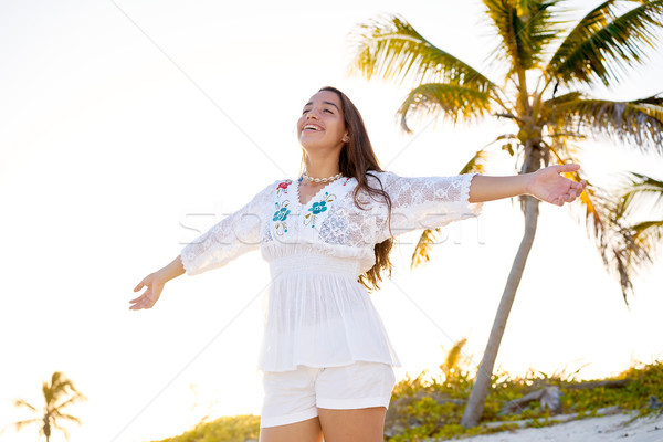 女孩 快樂 打開 武器 加勒比的 海灘 商業照片 © lunamarina