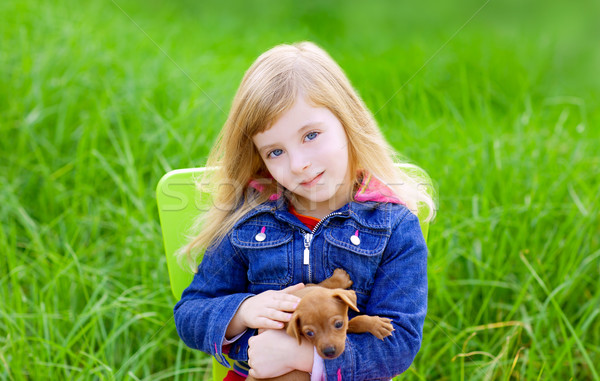 Foto stock: Loiro · criança · menina · cachorro · animal · de · estimação · cão