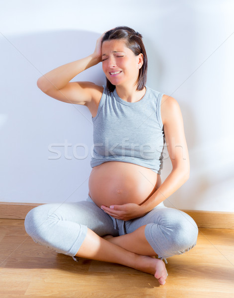 Stock fotó: Gyönyörű · terhes · nő · fejfájás · fájdalom · otthon · ül