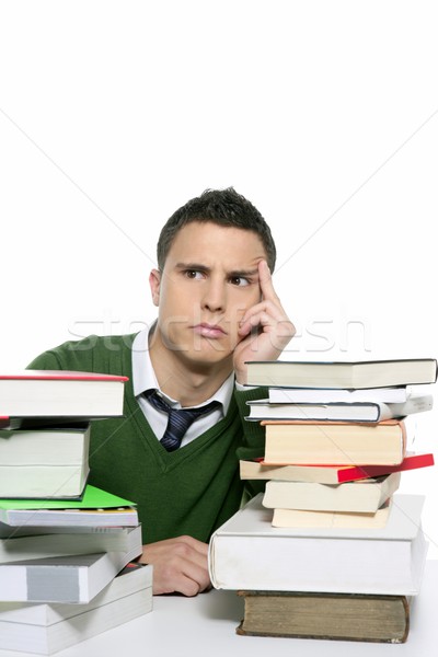 Stockfoto: Jonge · ongelukkig · student · boeken · huiswerk