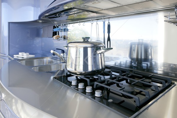 Stock photo: Blue silver kitchen modern architecture decoration