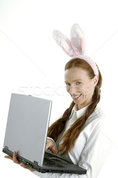 Stock foto: Business · Laptop · Frau · Humor · Kaninchen · Ohren