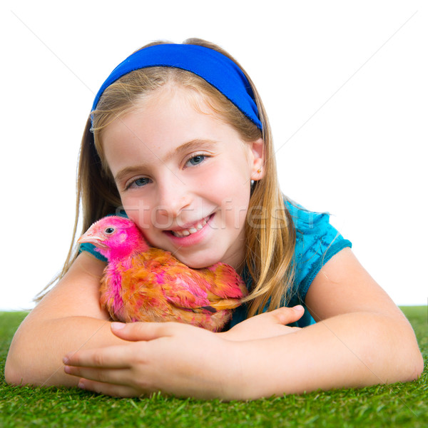 breeder hens kid girl rancher farmer hug chicken chick Stock photo © lunamarina
