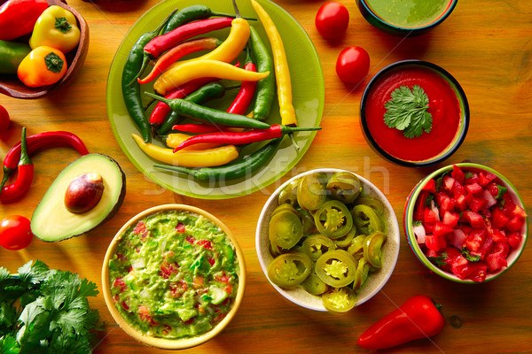 Stock photo: Mexican food mixed guacamole nachos chili sauce