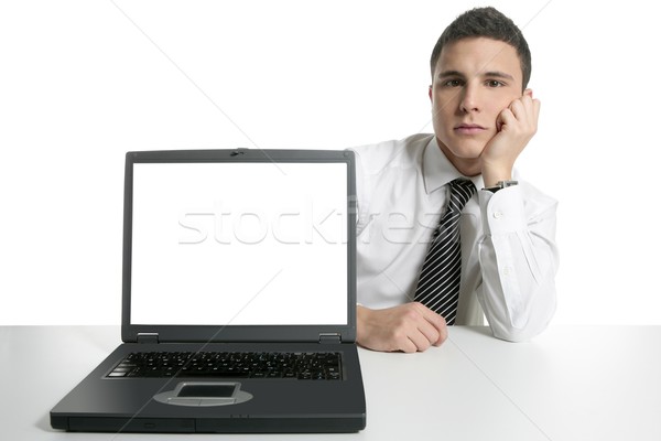 Foto stock: Empresário · computador · portátil · má · notícia · laptop · cópia · espaço · tela