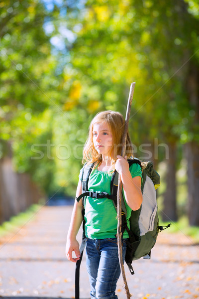 Blond explorer kid girl walking with backpack in autumn trees Stock photo © lunamarina