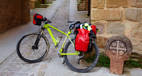 Biking Way of Saint James stone sign in Cirauqui Stock photo © lunamarina