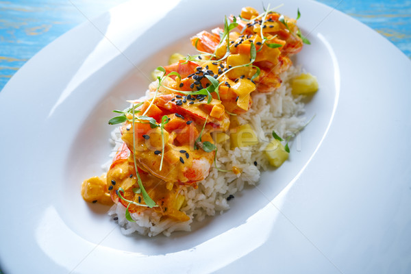 Stock photo: Seafood red curry with shrimps prawns