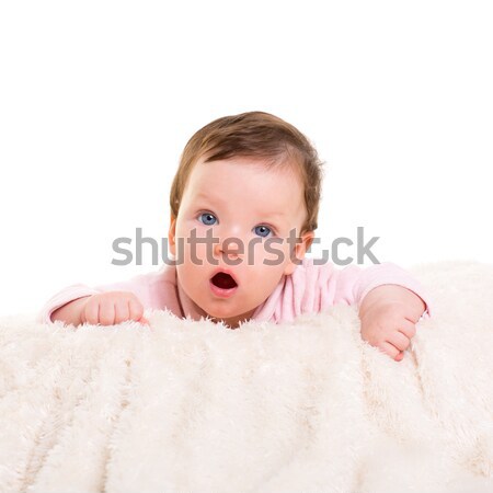 baby girl open mouth funny gesture in pink Stock photo © lunamarina