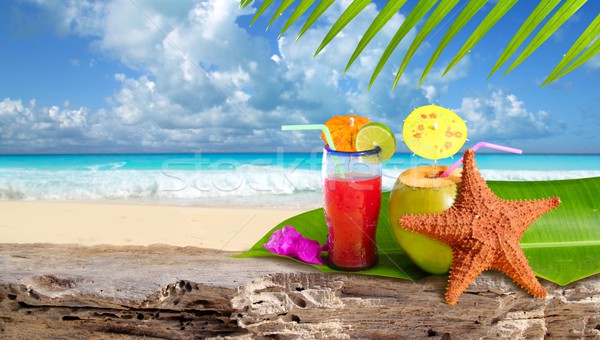 Stock foto: Kokosnuss · Cocktail · Seestern · tropischen · Strand · tropischen · Karibik
