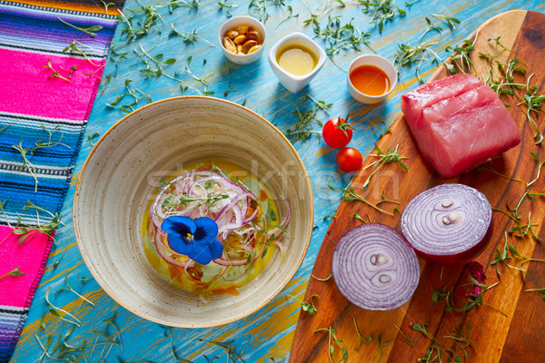 Stock photo: Fish ceviche preuvian recipe and pansy flower