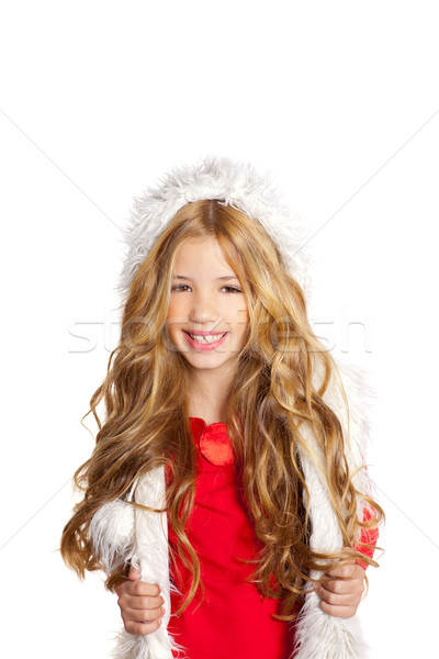 Stock foto: Kid · kleines · Mädchen · Weihnachten · Winter · weiß · Fell