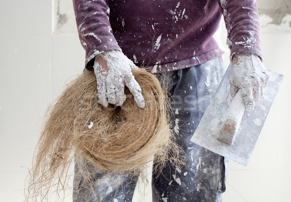 Gips schmutzigen Hand weiß Decke Arbeit Stock foto © lunamarina