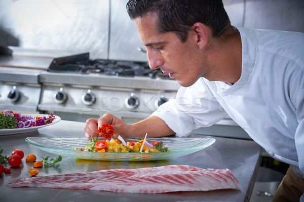 Chef hands garnishing vegetable dish Stock photo © lunamarina