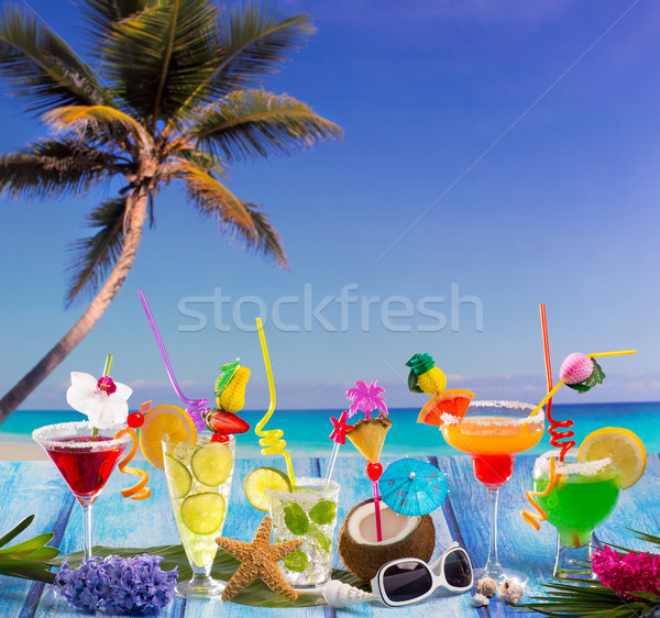 Stockfoto: Kleurrijk · veel · tropische · cocktails · Blauw · hout