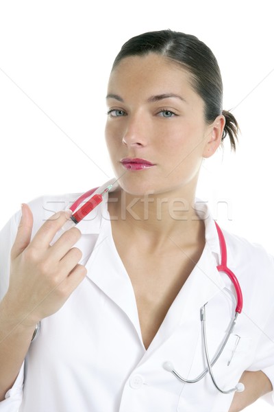 ストックフォト: 医師 · 女性 · 赤 · シリンジ · 唇 · 針