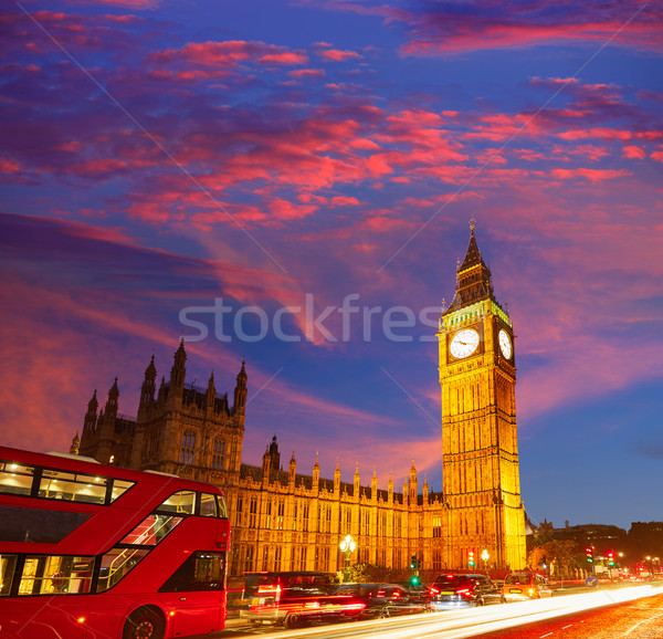 Stockfoto: Big · Ben · klok · toren · Londen · bus · zonsondergang