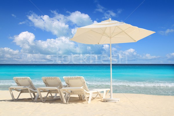 Caribbean beach parasol white umbrella hammocks Stock photo © lunamarina