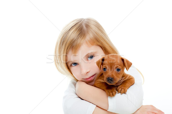Blond children girl with dog puppy mini pinscher Stock photo © lunamarina