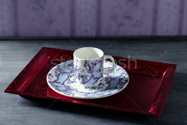 Tea cup victorian, red tray,wallpaper background Stock photo © lunamarina