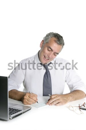 Stockfoto: Zakenman · senior · ondertekening · bank · controleren · gelukkig