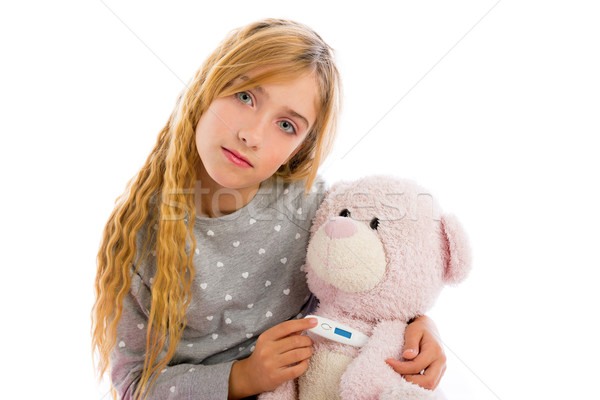 [[stock_photo]]: Blond · fille · Nounours · thermomètre · grippe · froid