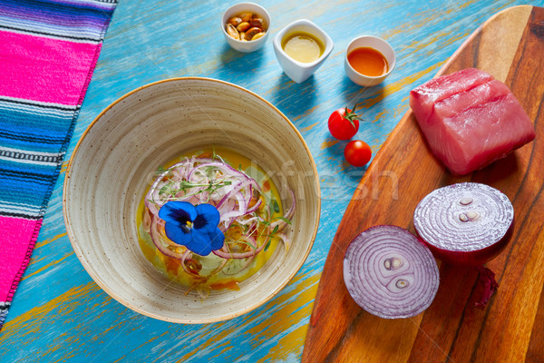 Fish ceviche preuvian recipe and pansy flower Stock photo © lunamarina